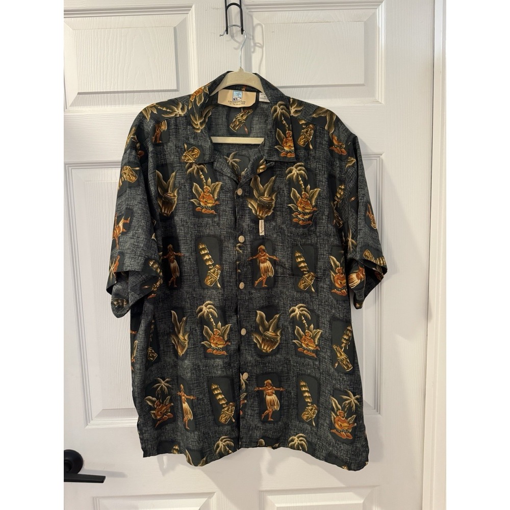 Vintage Hawaiian Button Up Hula Girl Tiki‎ Drums Camp Shirt Sz XL Coconut Pier